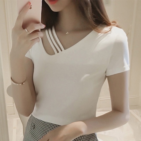Áo Thun Nữ Cổ Chữ V Dáng Ôm Phong Cách Hàn Quốc Thời Trang Mùa Hè