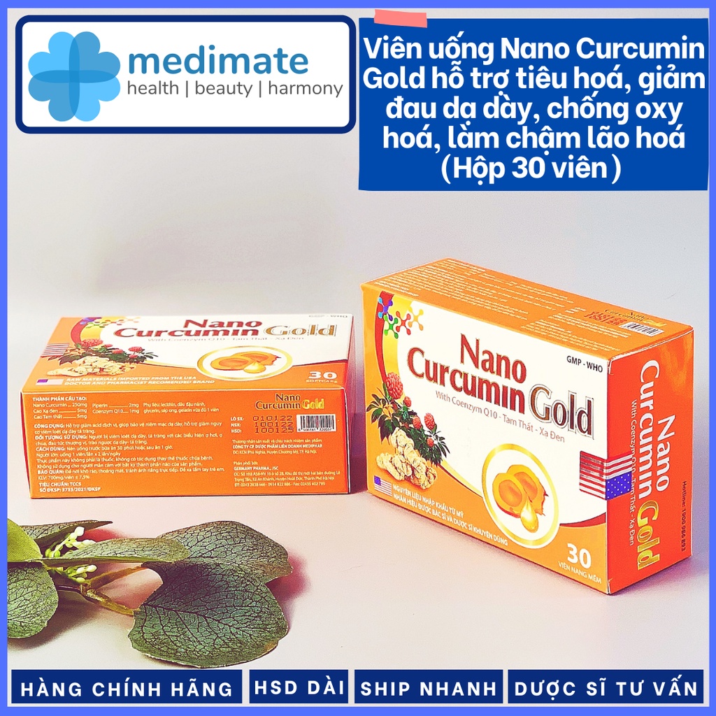 Viên uống Nano Curcumin Gold hỗ trợ tiêu hóa, giảm đau dạ dày, chống oxy hóa, làm chậm lão hóa (Hộp 30 viên)