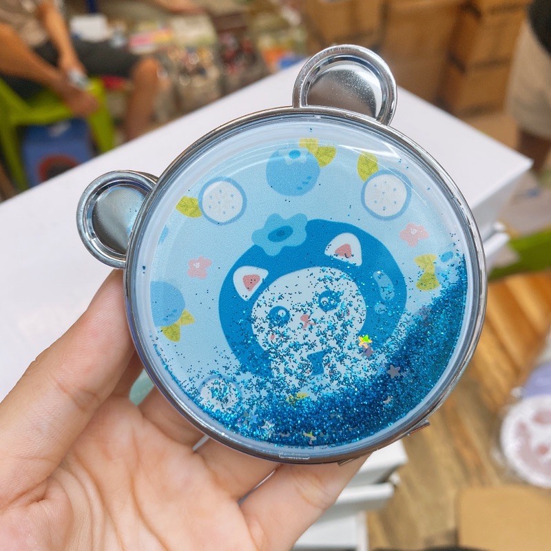 Gương mini bỏ túi trang điểm hai mặt phóng to inox lỗ tai gấu