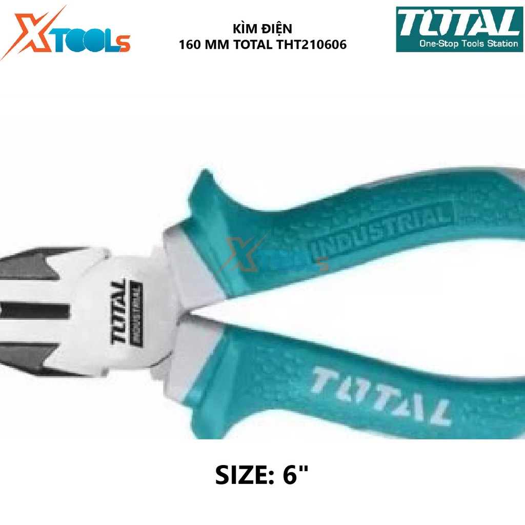 Kìm điện TOTAL THT210606 | kềm răng Kích thước 6&quot; (160mm), Khối lượng 0,2 kg, Cán bọc nhựa 2 màu xanh trắng bấm, cắt, tu