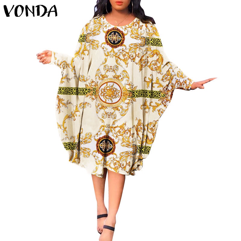 Đầm midi VONDA tay dài cánh dơi dáng rộng in họa tiết cổ điển mặc hàng ngày