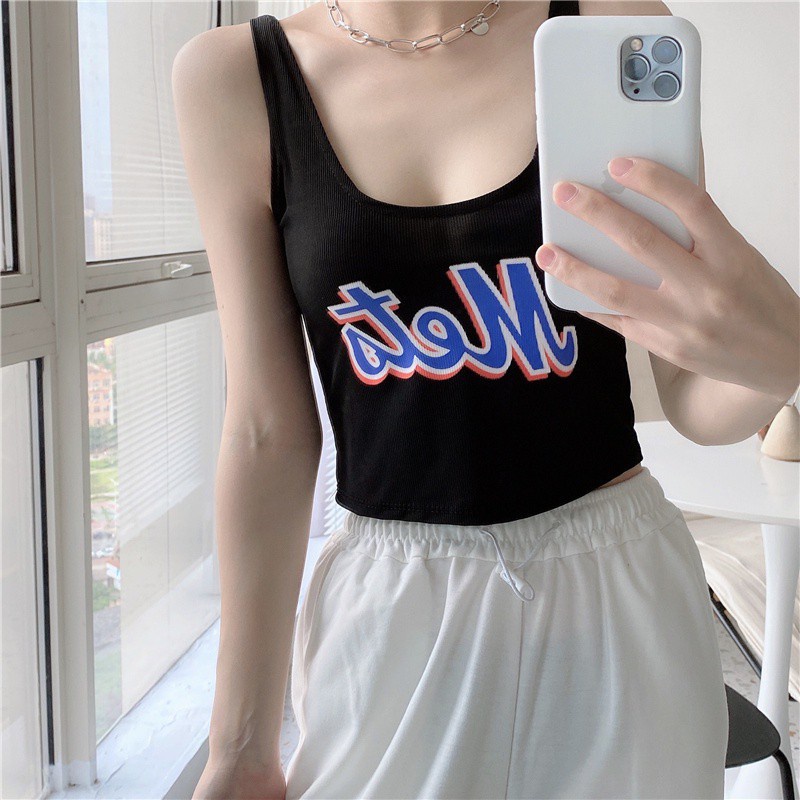 Áo croptop SUXI không tay cổ tròn in họa tiết thời trang mùa hè Hàn Quốc cho nữ