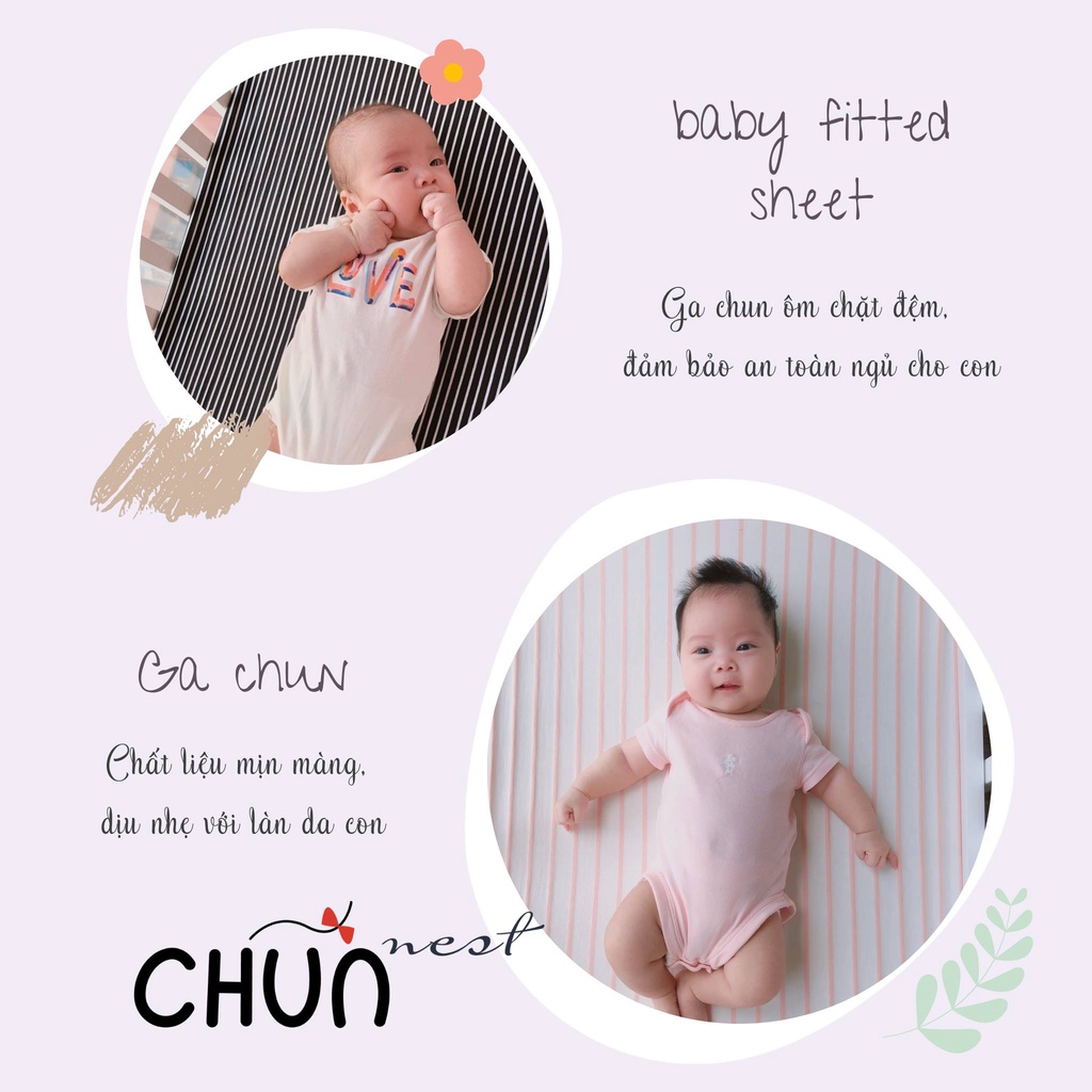 Ga Giường,Ga Đệm CHŨN NEST Cho Bé 100% Cotton Mềm Mịn,Thấm Hút Tốt,Thông Thoáng Dành Cho Đệm Size 130*70*10cm