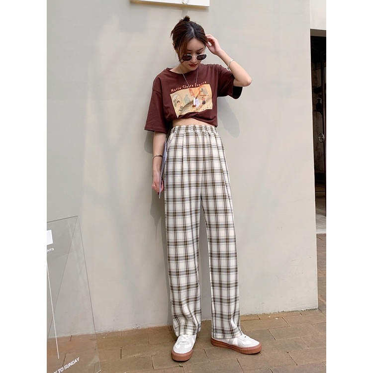 Quần Dài Nữ Ống Rộng Họa Tiết Caro Thời Trang Phong Cách