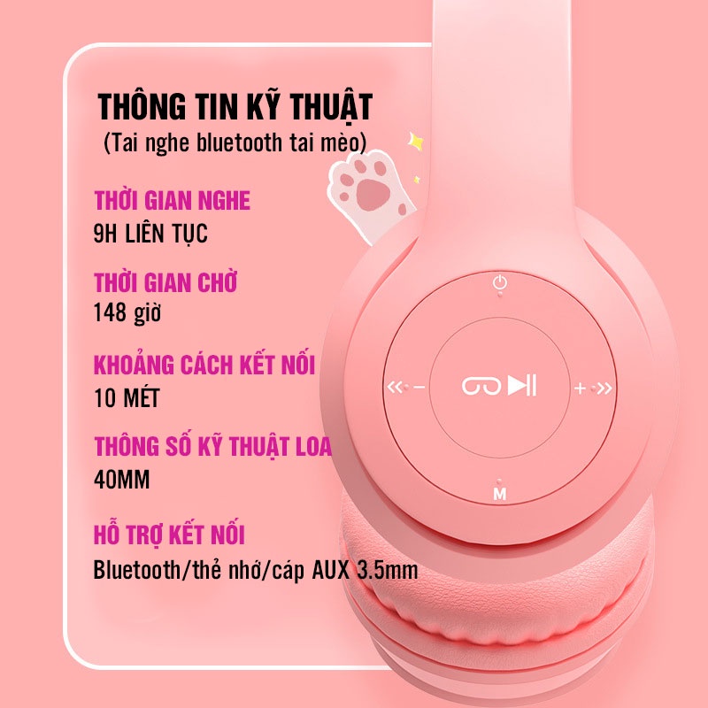 Tai Nghe Mèo Bluetooth , Headphone Tai Mèo Dễ Thương Có Mic, Âm Bass Mạnh Mẽ Và Pin 400mAh Nghe Liên Tục 9H LegendBass