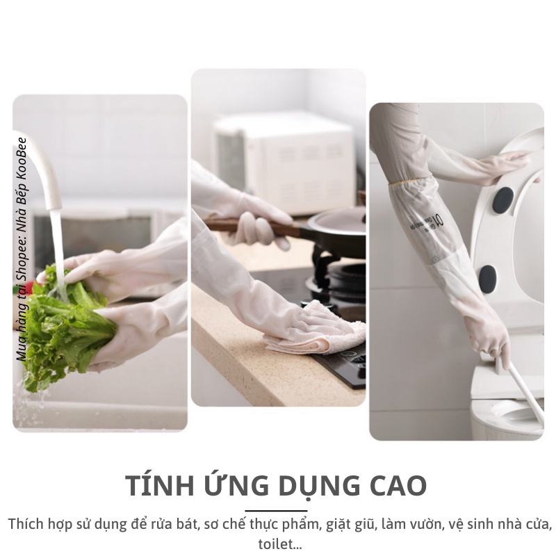 Găng tay cao su lót bông nỉ loại dài - Găng tay rửa bát làm bếp siêu dai không mùi KooBee (NB)