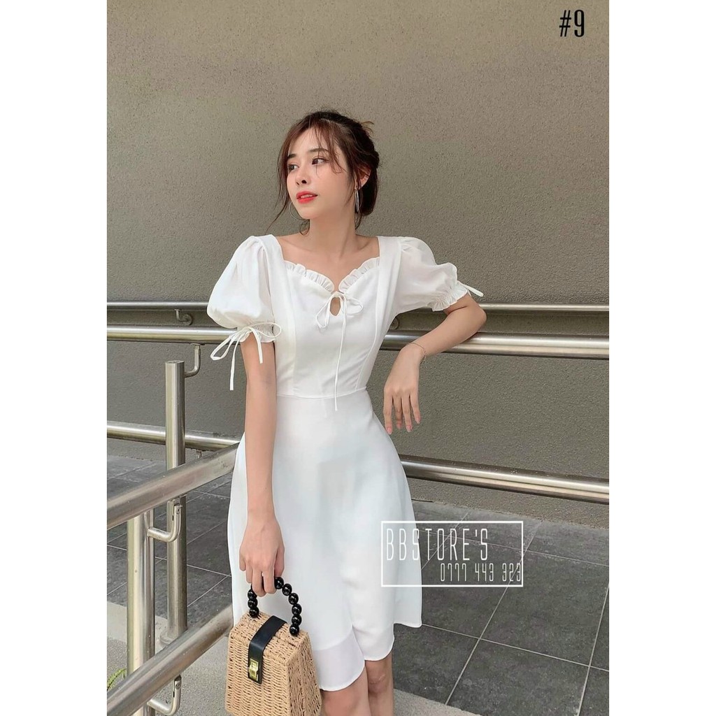 Đầm xòe bèo ngực tay ngắn phong cách nữ tính