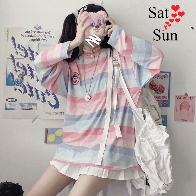 Áo thun dài tay nữ form rộng màu sắc trẻ trung full size satsun (áo kẻ form nhỏ hơn cầu vồng) | BigBuy360 - bigbuy360.vn