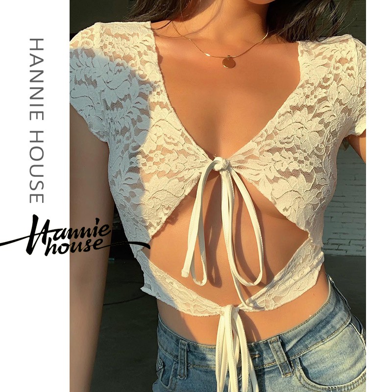Áo ren hoa xuyên thấu ngắn tay thời trang mùa hè gợi cảm dành cho nữ