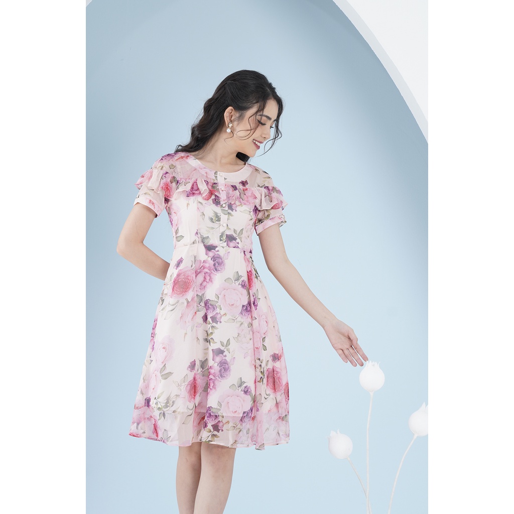 Đầm Tơ Hoa Hồng LFV3285 Thiết Kế Cổ Bèo xinh xắn nữ tính may 2 lớp dài qua gối cho nàng đi làm đi chơi đi biển dạo phố