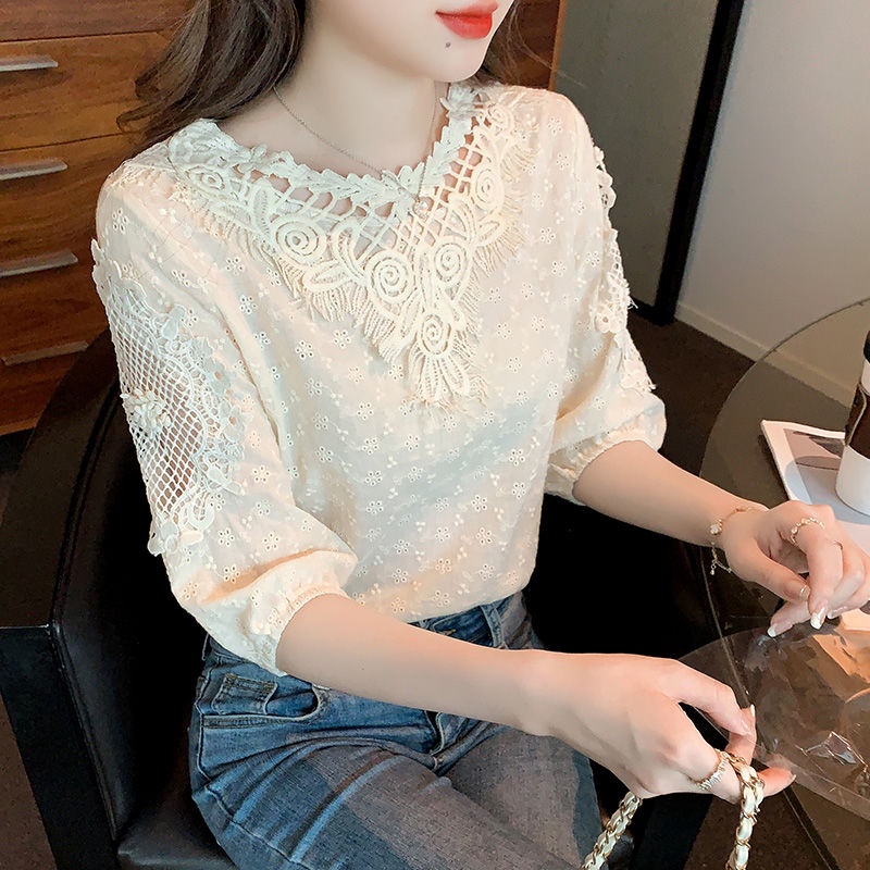 Áo sơ mi voan ngắn tay phối ren thời trang xuân hè 2022 cho nữ