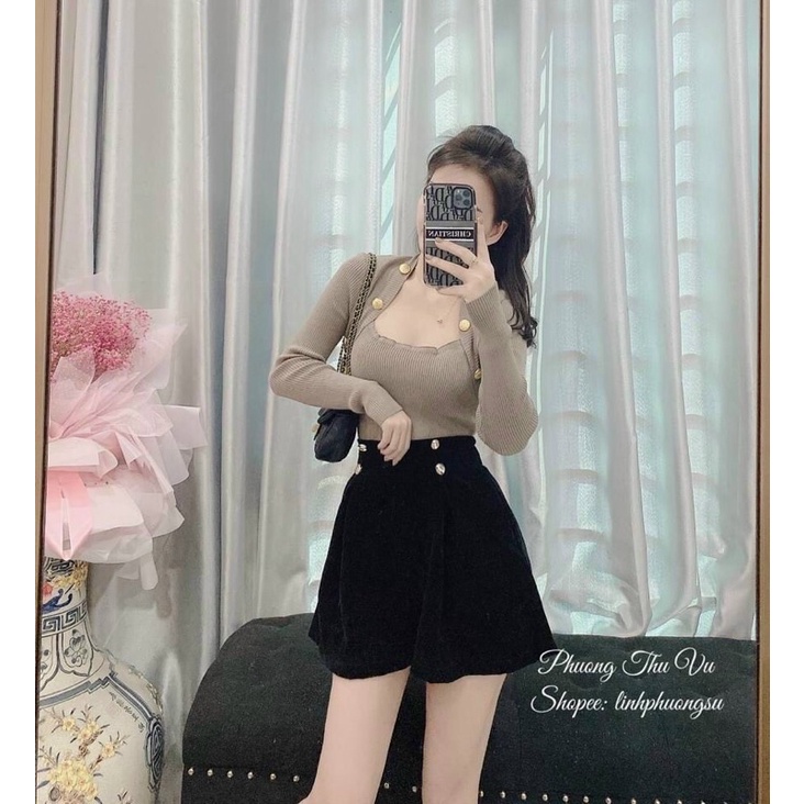 ÁO LEN CỔ VUÔNG ĐÍNH KHUY MẪU MỚI