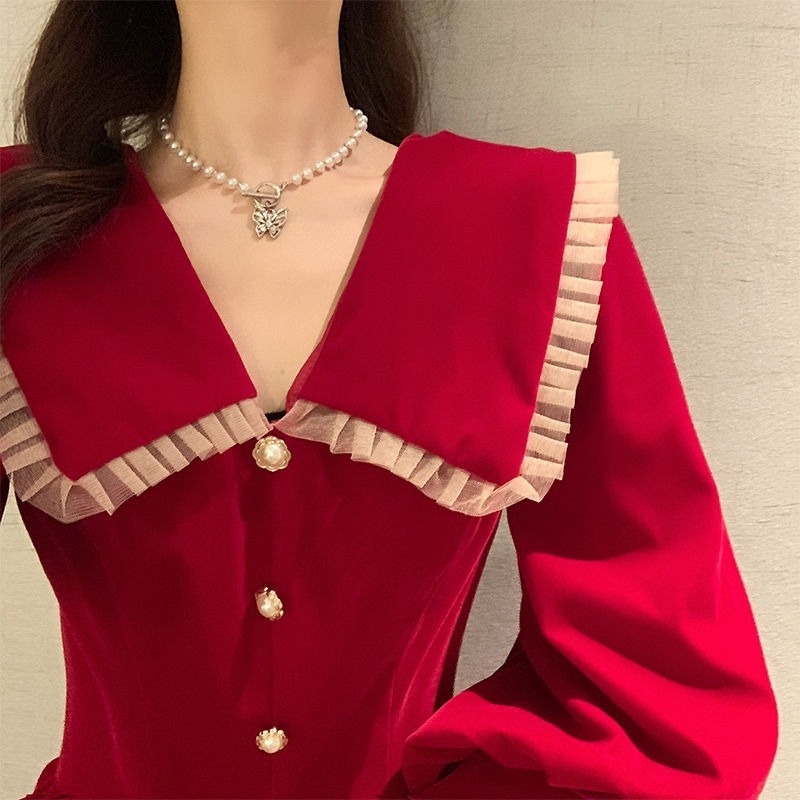 Đầm Nhung Cổ Búp Bê Thiết Kế Mới Thời Trang Mùa Thu Đông Theo Phong Cách Pháp Cho Nữ