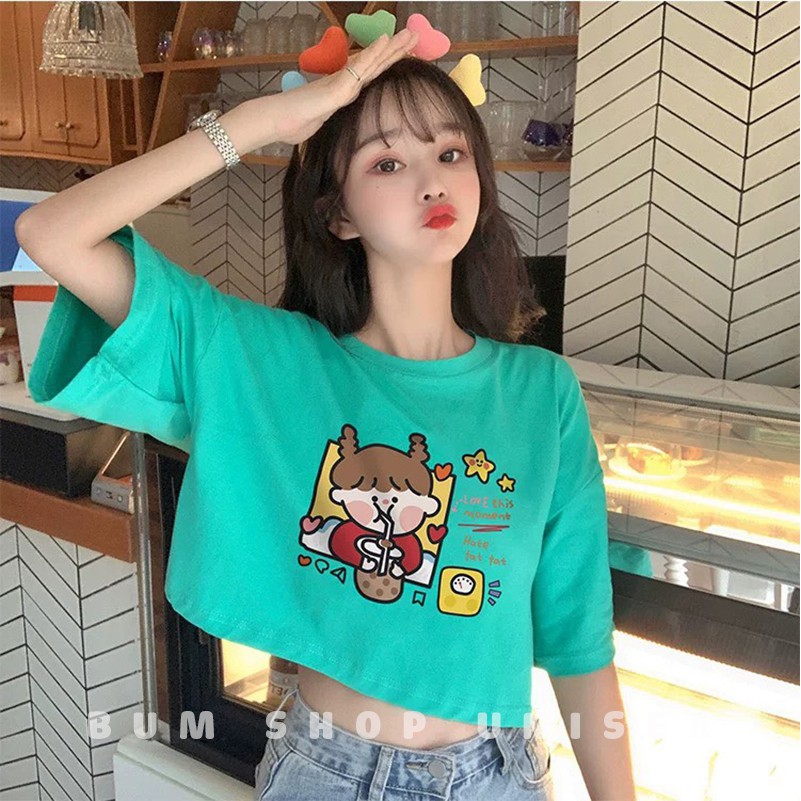 Áo Thun Croptop Nữ Form Rộng - TTL832 - Chất Thun Cotton Đẹp - Có Màu Xanh Ngọc Xinh &quot;Xỉu&quot; - Freesize Dưới 68kg Mặc OK