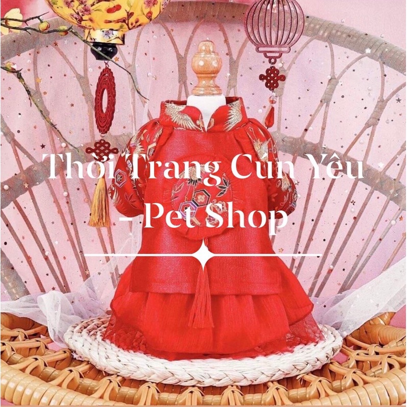Váy mặc Tết cho thú cưng - áo dài cách tân kèm váy xoè tầng cho chó mèo