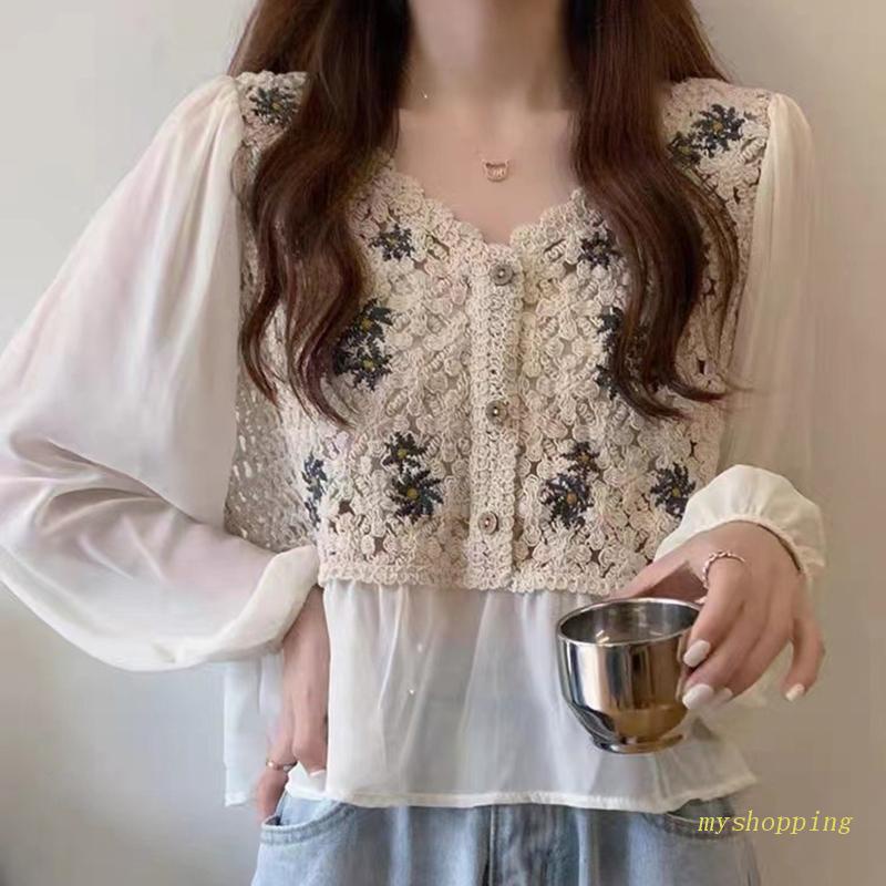 Áo Sơ Mi Chiffon Tay Phồng Cổ Chữ V Thêu Hoa Cúc Thanh Lịch Cho Nữ