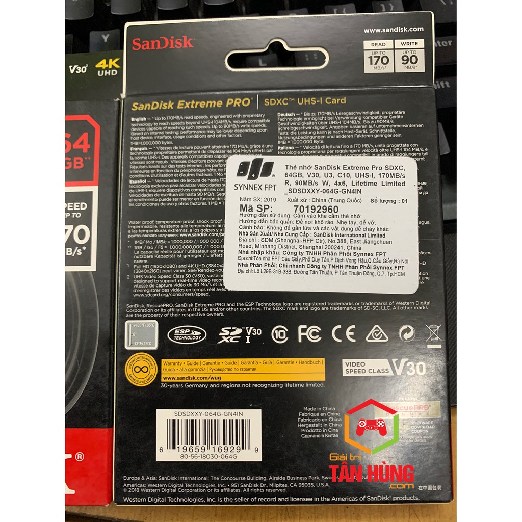 Thẻ nhớ SanDisk Extreme PRO SDXC 32Gb 64Gb UHS-I U3 4K V30 170MB/s - Model 2019 Hàng Công ty