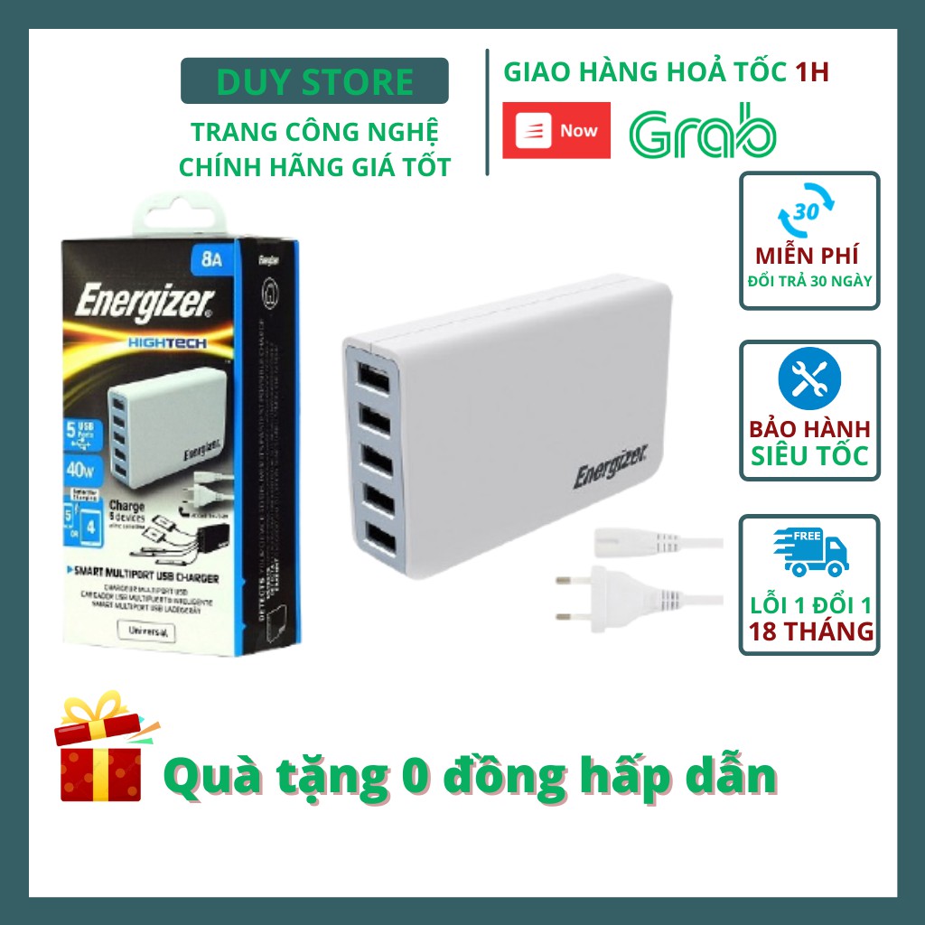 Củ sạc 5 cổng Energizer 40W (5V-8A) tương thích đa thiết bị Fullbox chính hãng  - duystore