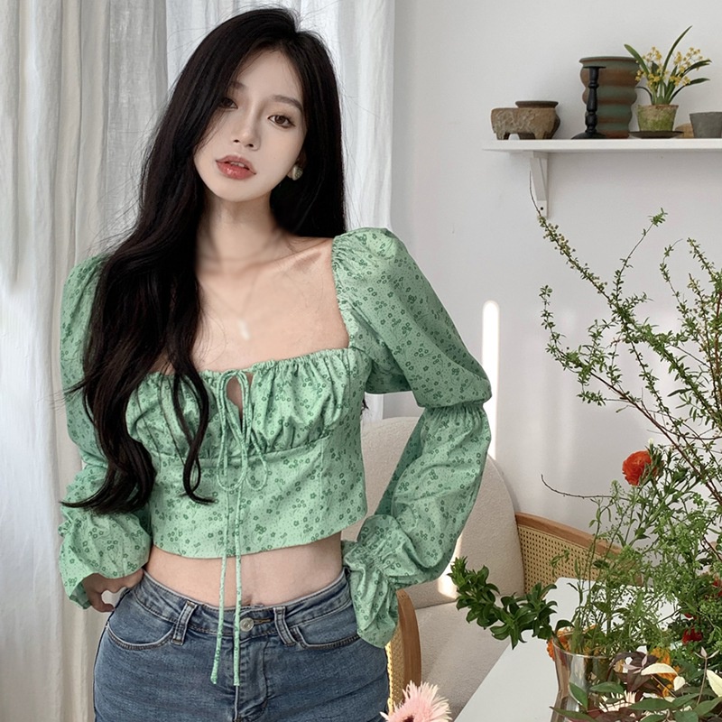 Áo Croptop Tay Dài Cổ Vuông Phối Bèo Họa Tiết Hoa Thời Trang Mùa Thu Cho Nữ