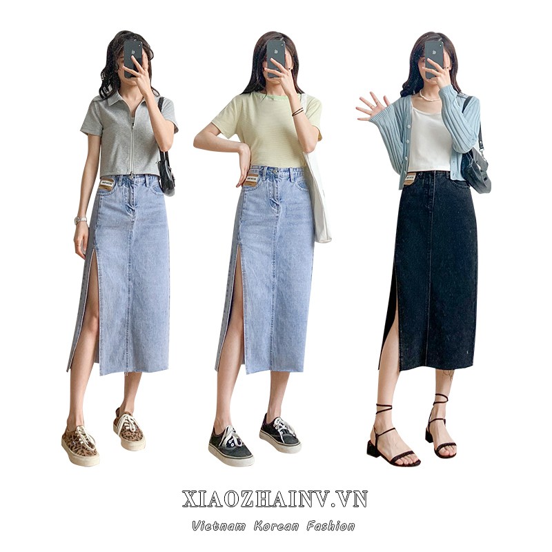 [ Mã 12FASHIONSALE1 giảm 10K đơn 50K ] Xiaozhainv Chân Váy Denim Lưng Cao Xẻ Tà Quyến Rũ Cho Nữ