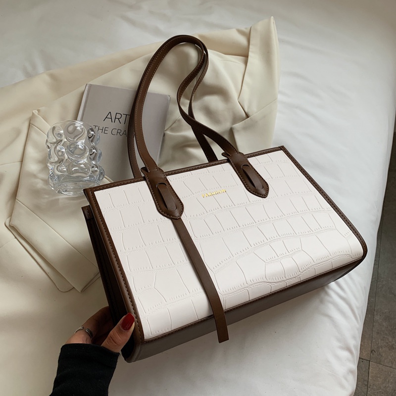 Túi xách IELGY họa tiết da cá sấu màu tương phản sức chứa lớn sành điệu