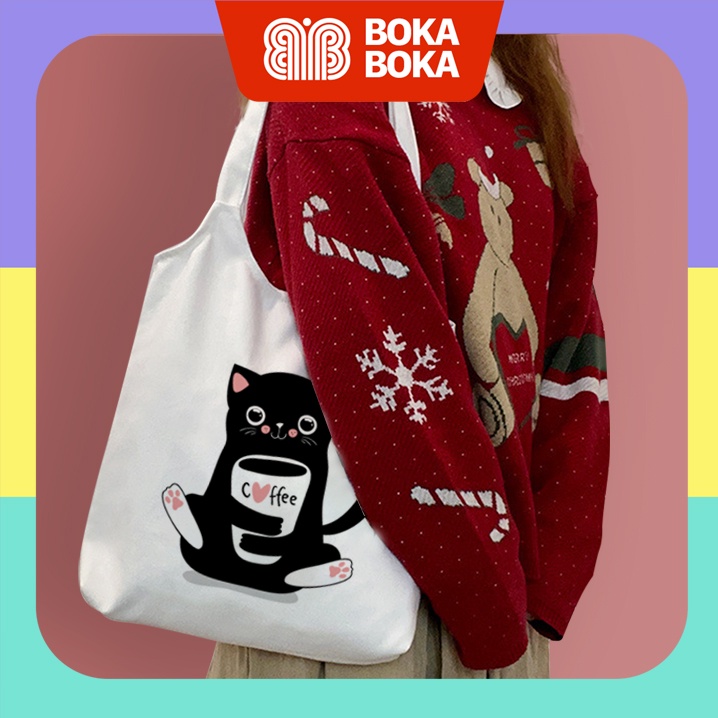 Túi Tote Vải Canvas Quai Tròn BST Hình Mèo Đen MĐ01