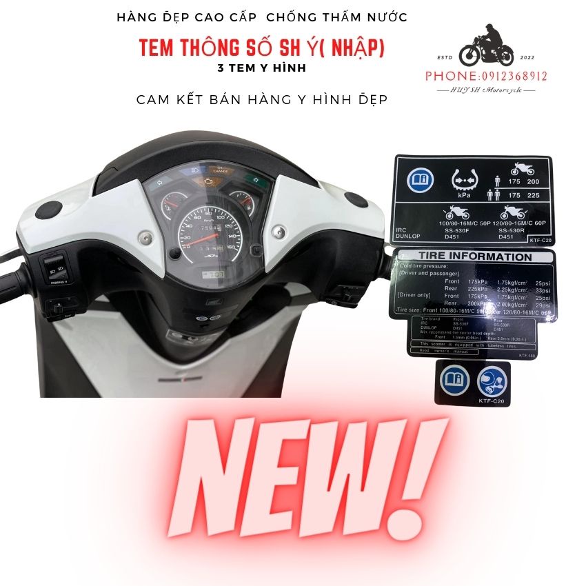Bộ Tem Thông Số Honda Cho Xe SH Ý, Dylan, @, PS  Chống Thấm Nước, Chống Bay Màu
