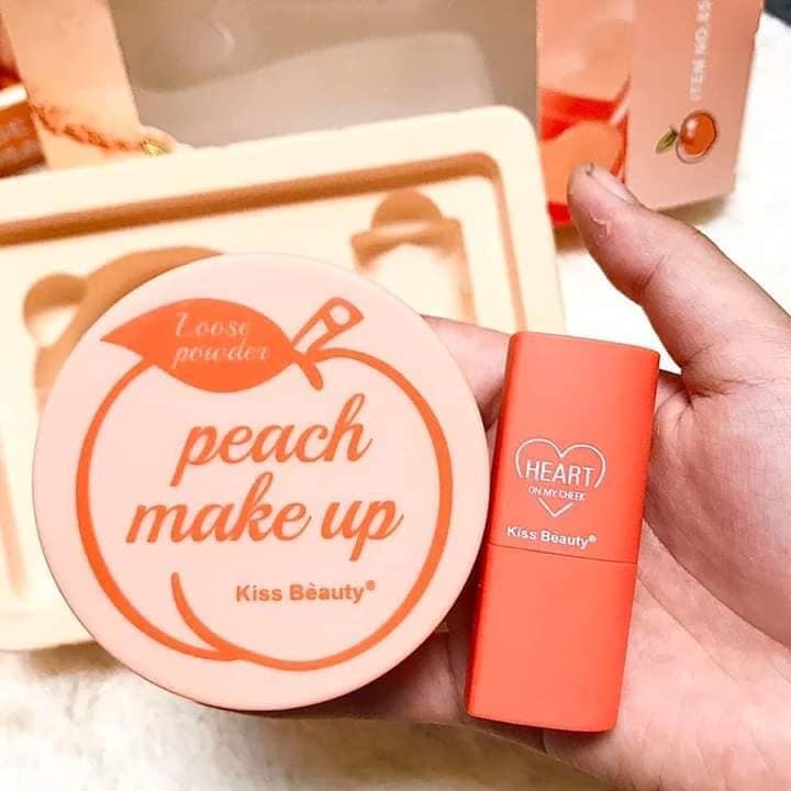 Set 2 món Kiss Beauty Peach ( phấn phủ bột + má hồng thỏi tim)