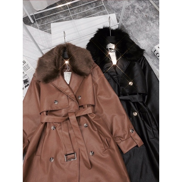 [FREESHIP]Áo khoác da mangto phối lông tháo rời được cao cấp tay dài sáu nút có đai tay đai eo hàng QCCC hình thật