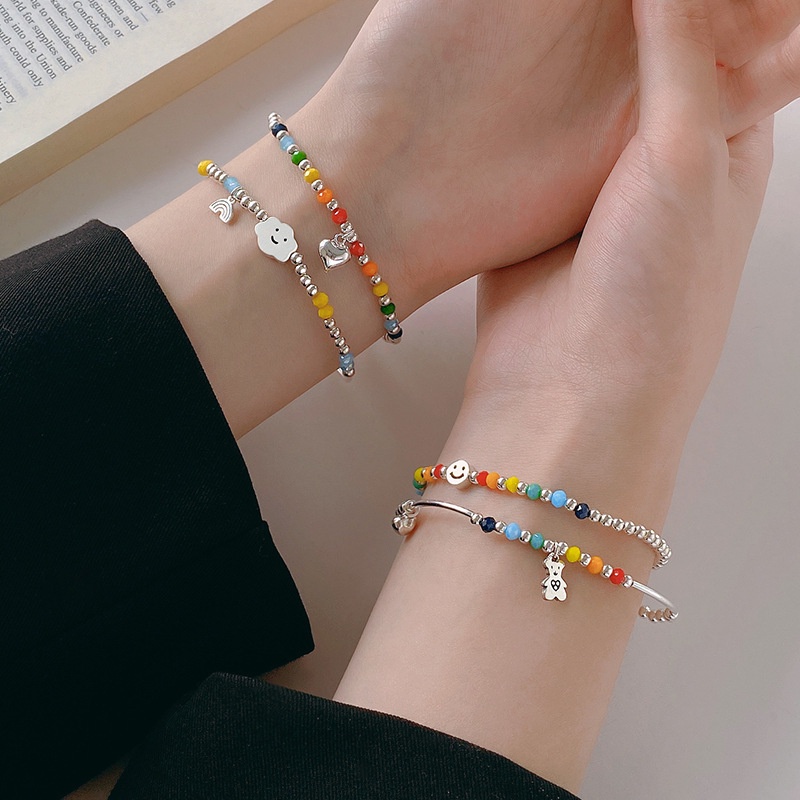 Vòng Tay Xỏ Hạt Resin Co Giãn Nhiều Màu Sắc Mặt Gấu Cười Trái Tim Mặt Cười Hàn Quốc Cho Nữ