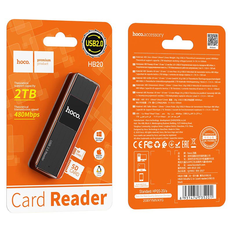 Đầu đọc thẻ nhớ 2.0 / 3.0 Hoco HB20 Mindful - hỗ trợ khe microSD/SD (Đen)