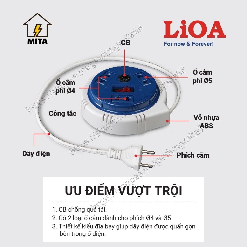 Ổ cắm điện LiOA kéo dài quay tay kiểu đĩa bay 3 ổ dây dài 3m/5m/10m - MITA