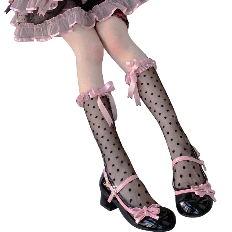 Vớ Dài Qua Gối Phối Lưới Mỏng Đính Nơ Họa Tiết Chấm Bi Phong Cách Lolita Nhật Bản Ngọt Ngào Cho Nữ