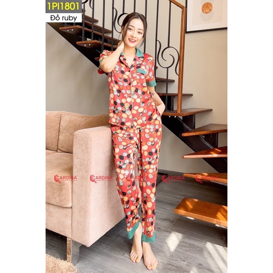 Bộ pijama nữ Cảdina quần dài áo cộc tay chất lụa satin Nhật họa tiết