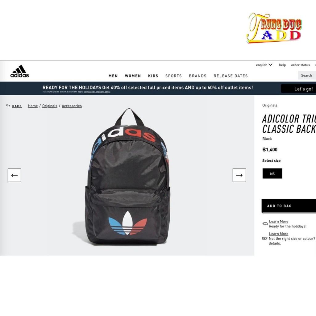 Balo adidas ADICOLOR TRICOLOR BLACKPACK Made in Thailand full tag code size 30 x 44 x17 cm