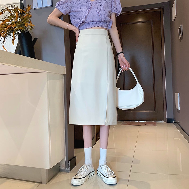 SUXI Chân váy midi lưng cao thiết kế chữ A cho nữ