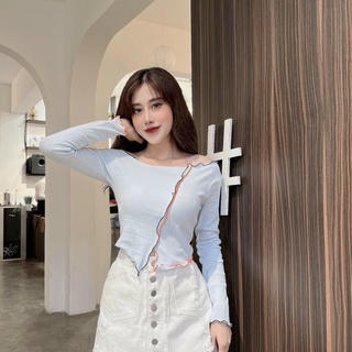 Áo trễ vai croptop - áo bẹt vai tay dài phối đường chỉ nổi cá tính - AO18