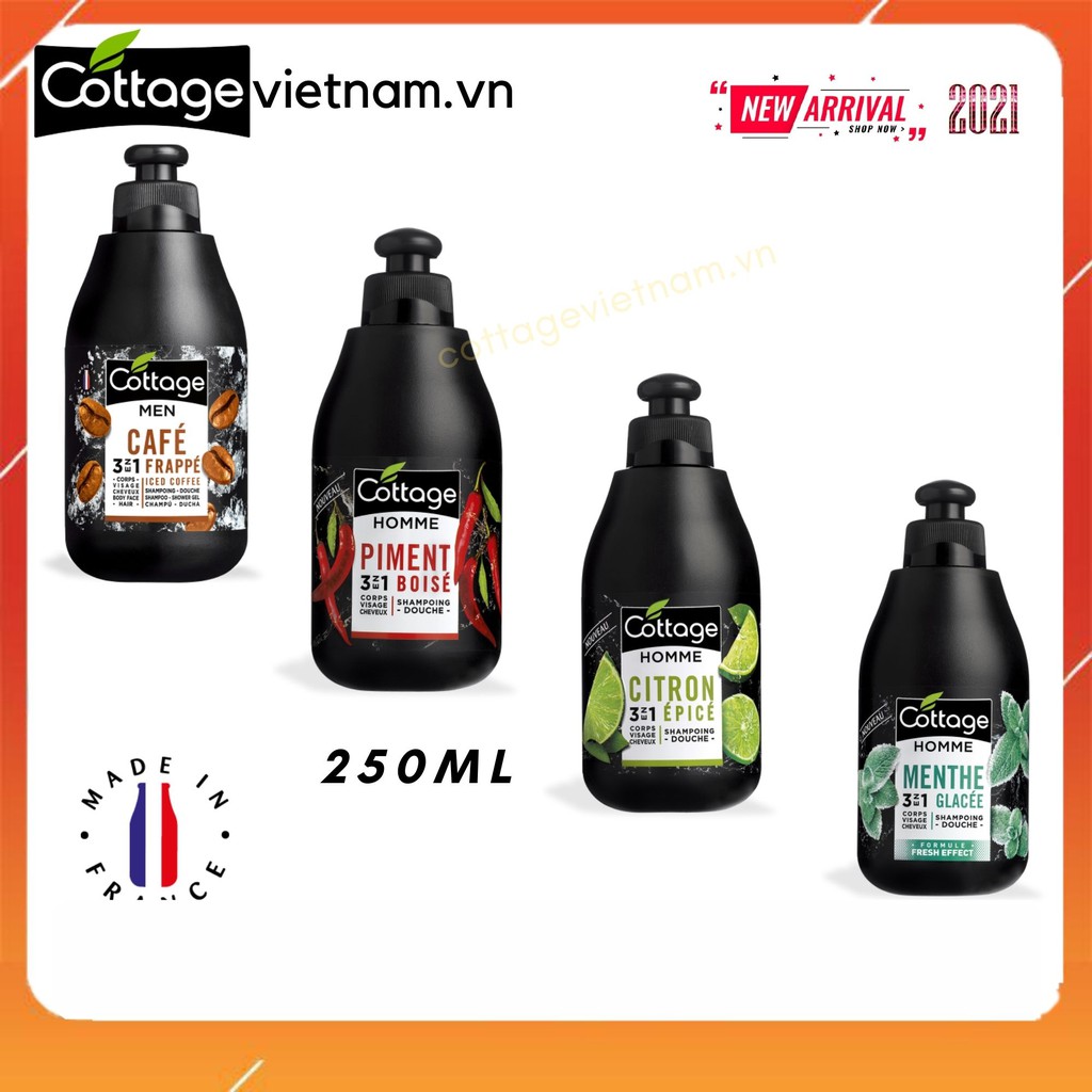 Sữa tắm gội 3 trong 1 cho nam giới, thương hiệu Cottage của Pháp, phân phối chính hãng, dung tích 250ml, mẫu mới 2021