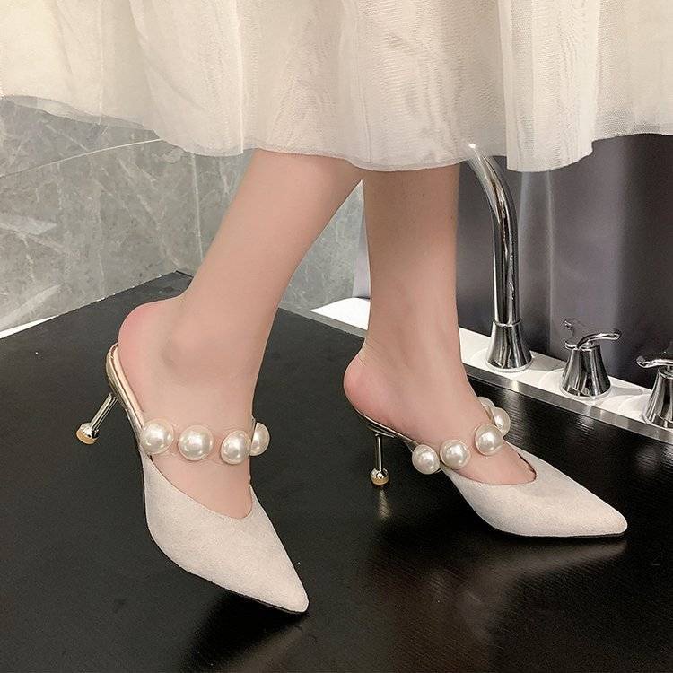 Giày cao gót mũi nhọn đính ngọc trai giả thời trang cho nữ cao 8cm