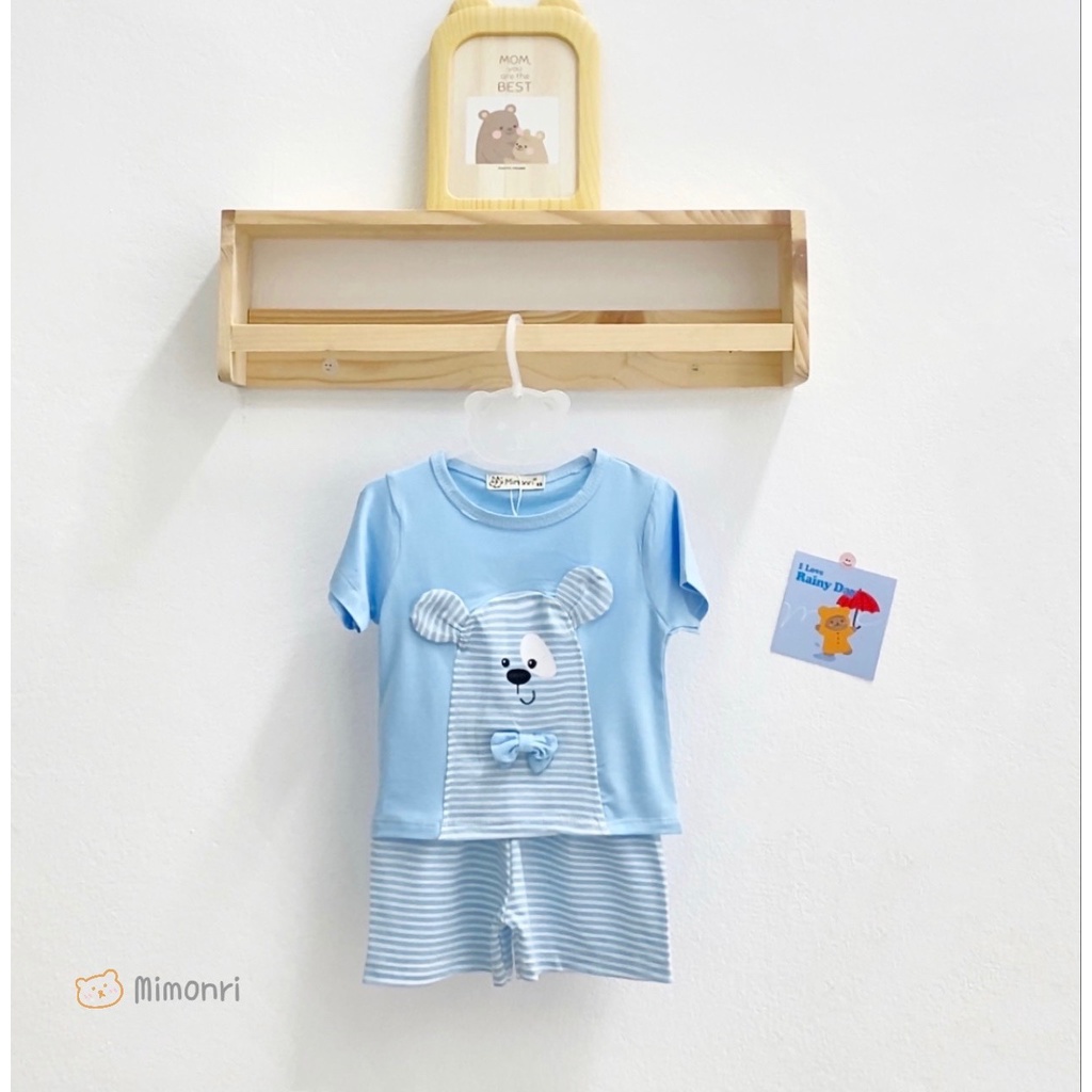 [SALE] Bộ Quần Áo Bé Gái, Bé Trai KIMCHIBABY Vải Thun Lạnh Gấu Kẻ Đính Nơ, Bộ Cộc Tay Cho Bé Mặc Nhà KW2212