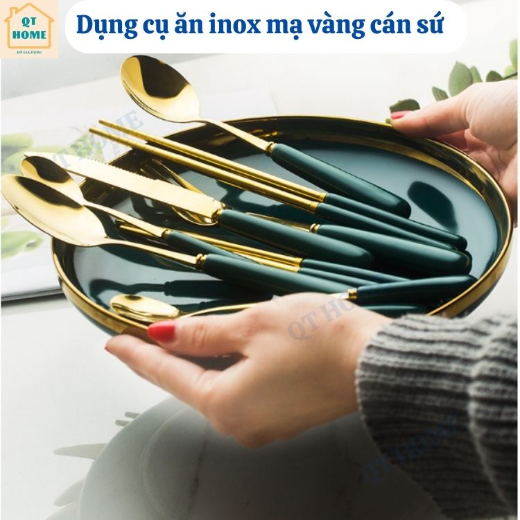 Dụng cụ ăn, Thìa / Muỗng, Dĩa / Nĩa, Đũa, Chất Liệu Inox Mạ Vàng, Cán Sứ Cao Cấp, Màu Xanh Cổ Vịt Sang Trọng