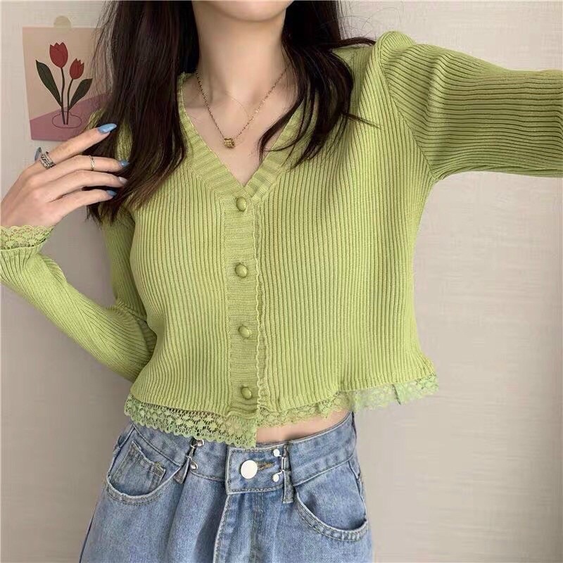 Áo len tăm chân ren cài khuy dáng cadigan dài tay