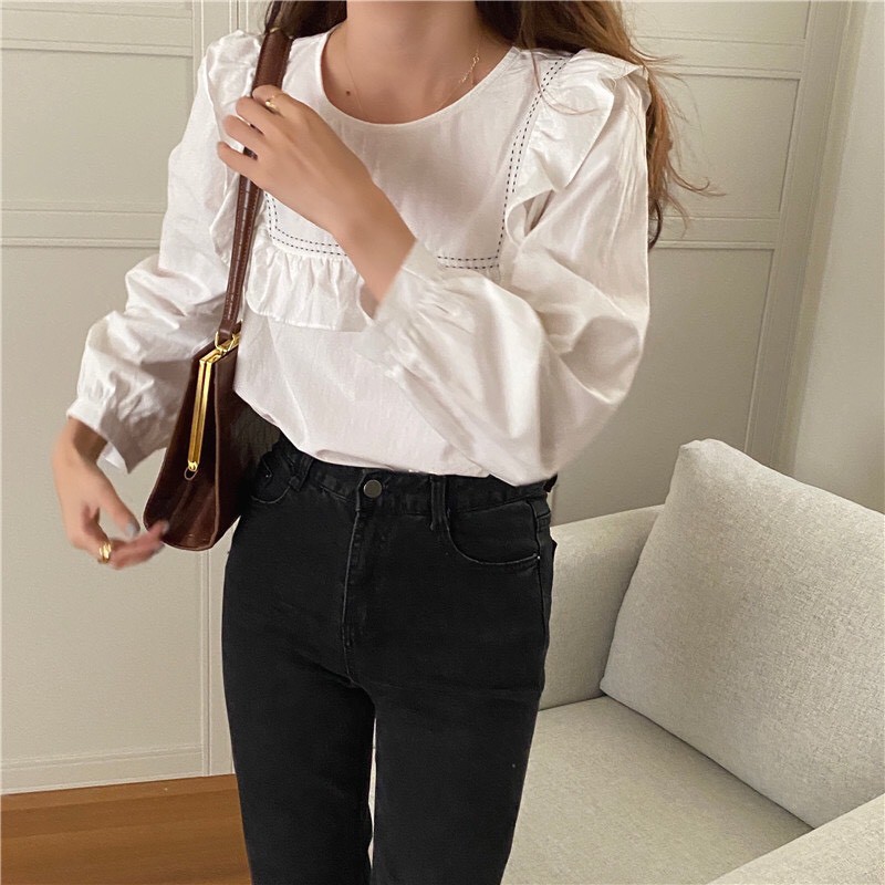 Áo sơ mi kiểu trắng nữ form rộng lụa tay phồng hàn quốc đẹp dài tay họa tiết không cổ ulzzang vintage truehastore SM10 | BigBuy360 - bigbuy360.vn