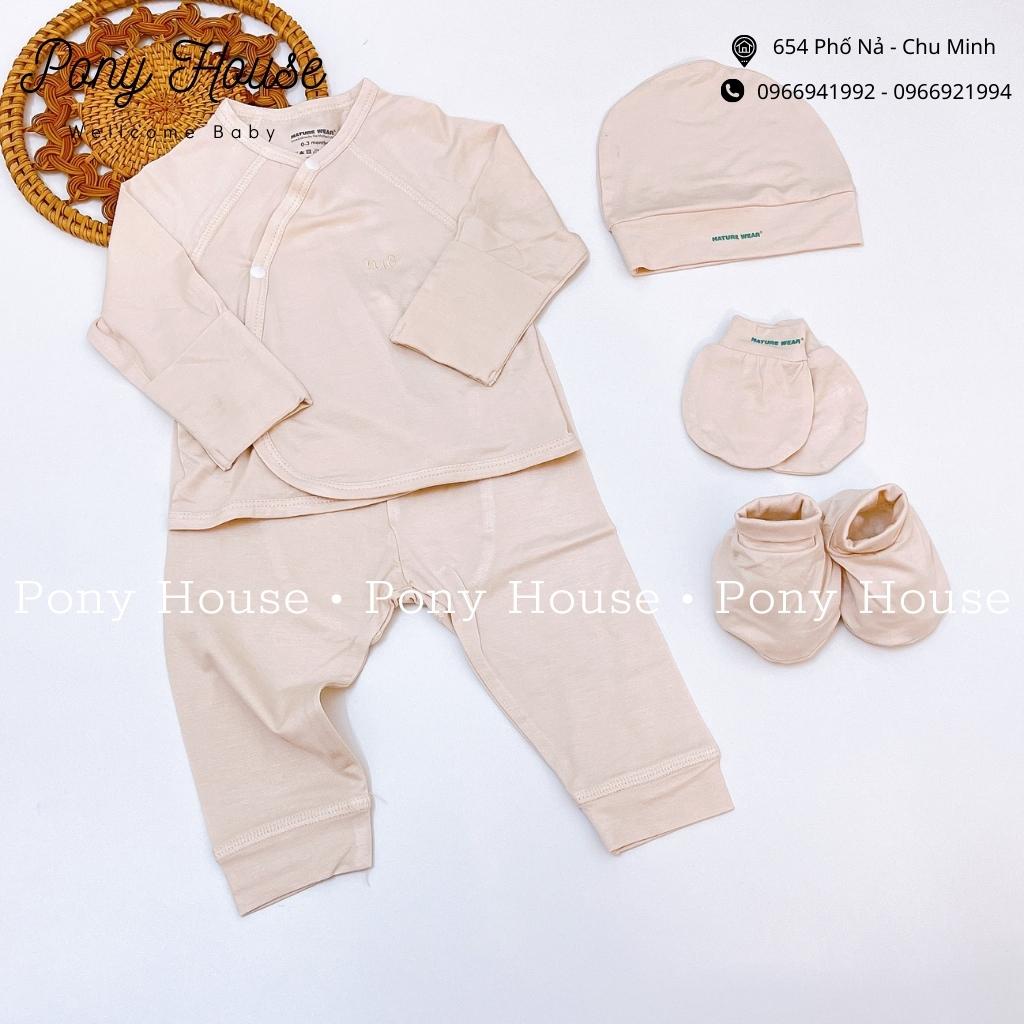 Bộ Sơ Sinh Dài Tay Nature Wear Cài Lệch (Cài Chéo) Kèm Mũ Bao Tay Chân Chất Bambo Siêu Mềm Mịn Cho Bé Trai, Bé Gái 0-3M