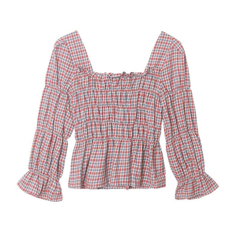 Women Retro Square Collar Plaid Shirt Sleeve Plaid Shirt Slim Waist Shirt Top