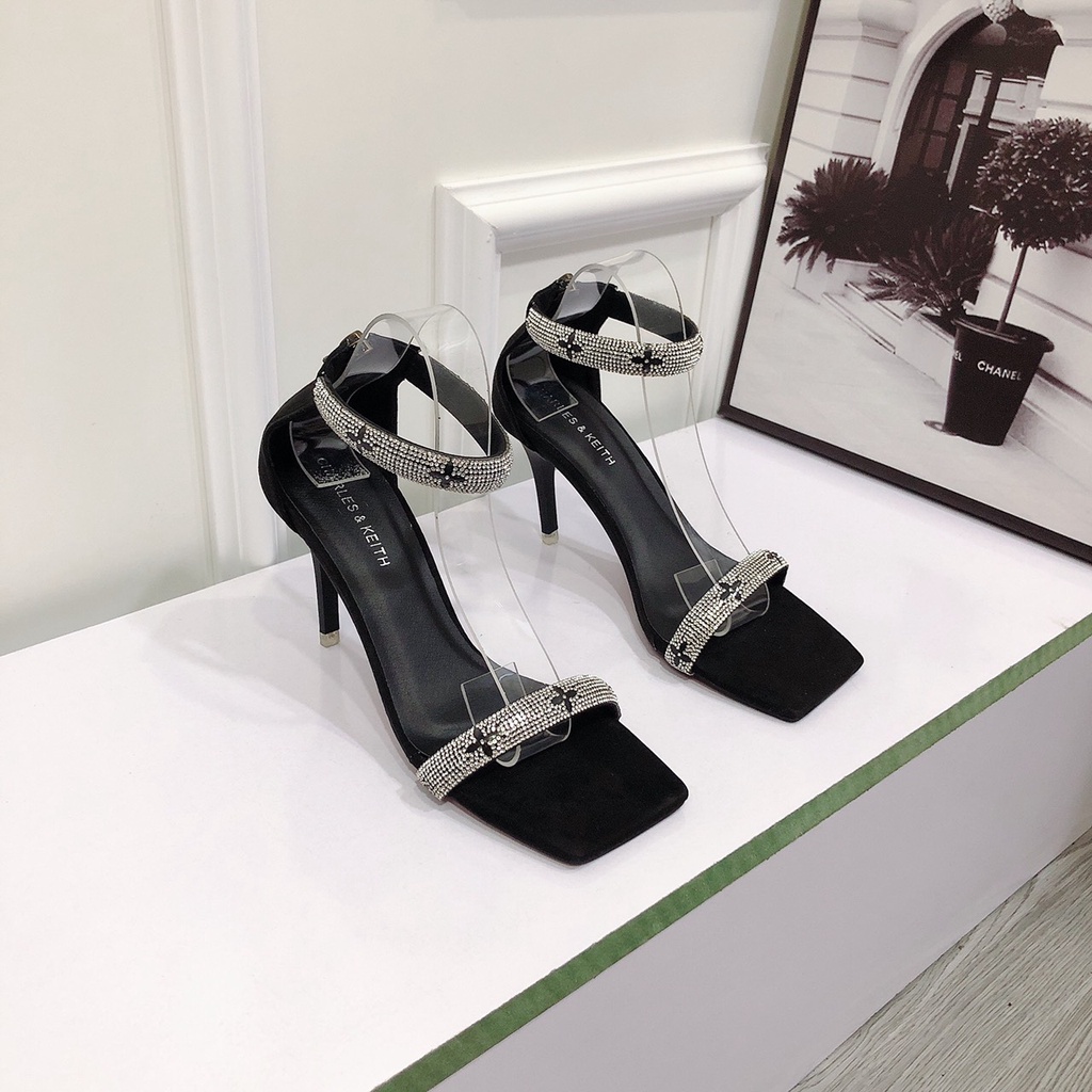 Sandal cao gót 9 phân bản ngang đính đá chất da lộn siêu đẹp hậu bít khóa kéo đi chơi, đi tiệc cực sang chảnh