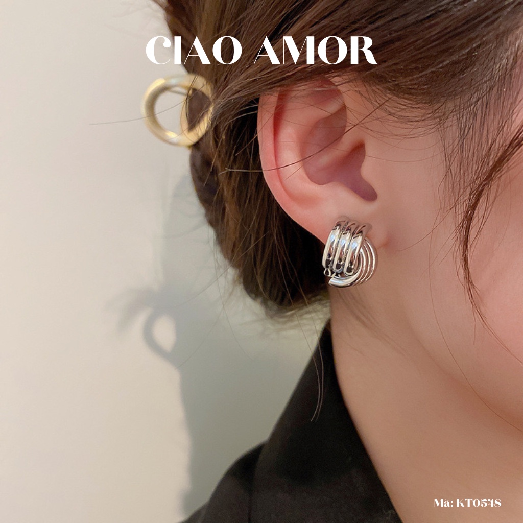 KT0548-Khuyên tai nữ, Bông tai nụ đơn giản 2 lớp vân Trang sức Ciao Amor