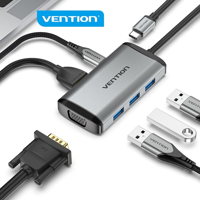 Hub VENTION chuyển đổi USB C sang HDMI VGA USB C 4K 1080P tương thích MacBook Pro iPad Pro 2018 Dell XPS Samsung