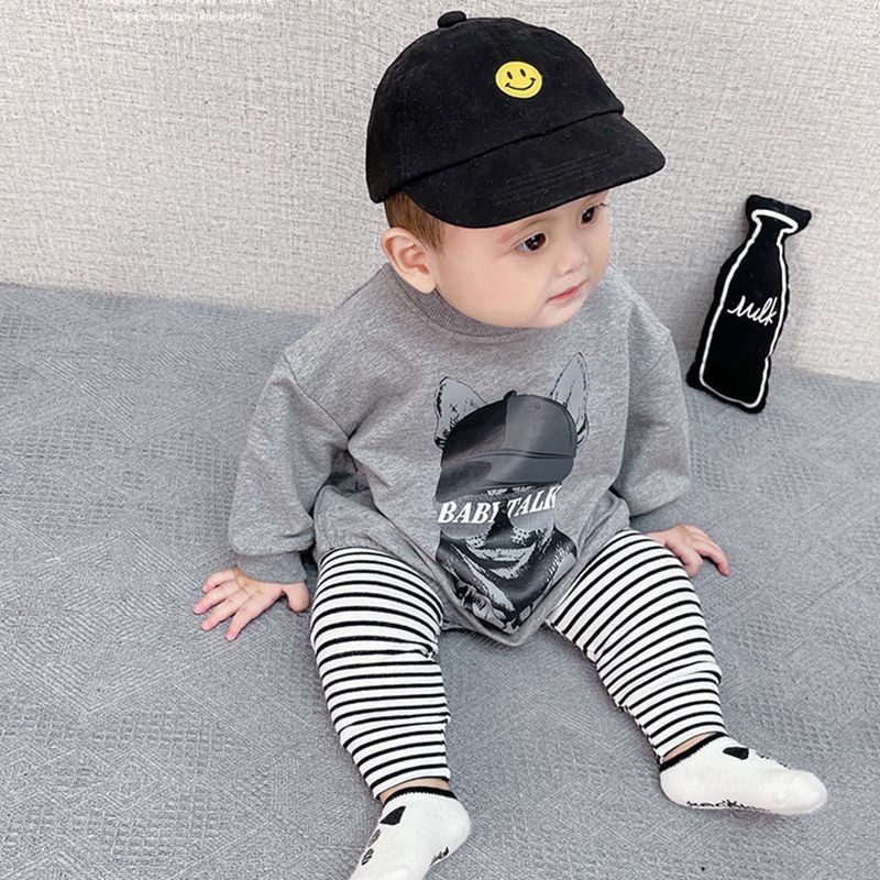 Set 2 Món Áo Liền Quần Tay Dài + Quần Dài In Họa Tiết Động Vật Hoạt Hình Cho Bé