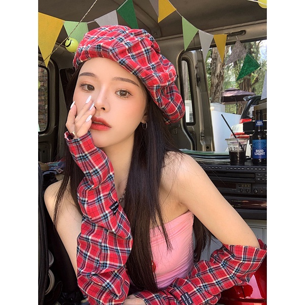 Style Congee Cocoa Mũ Beret Họa Tiết Sọc Caro Đỏ Đầu To Thời Trang Mùa Hè Cho Nữ